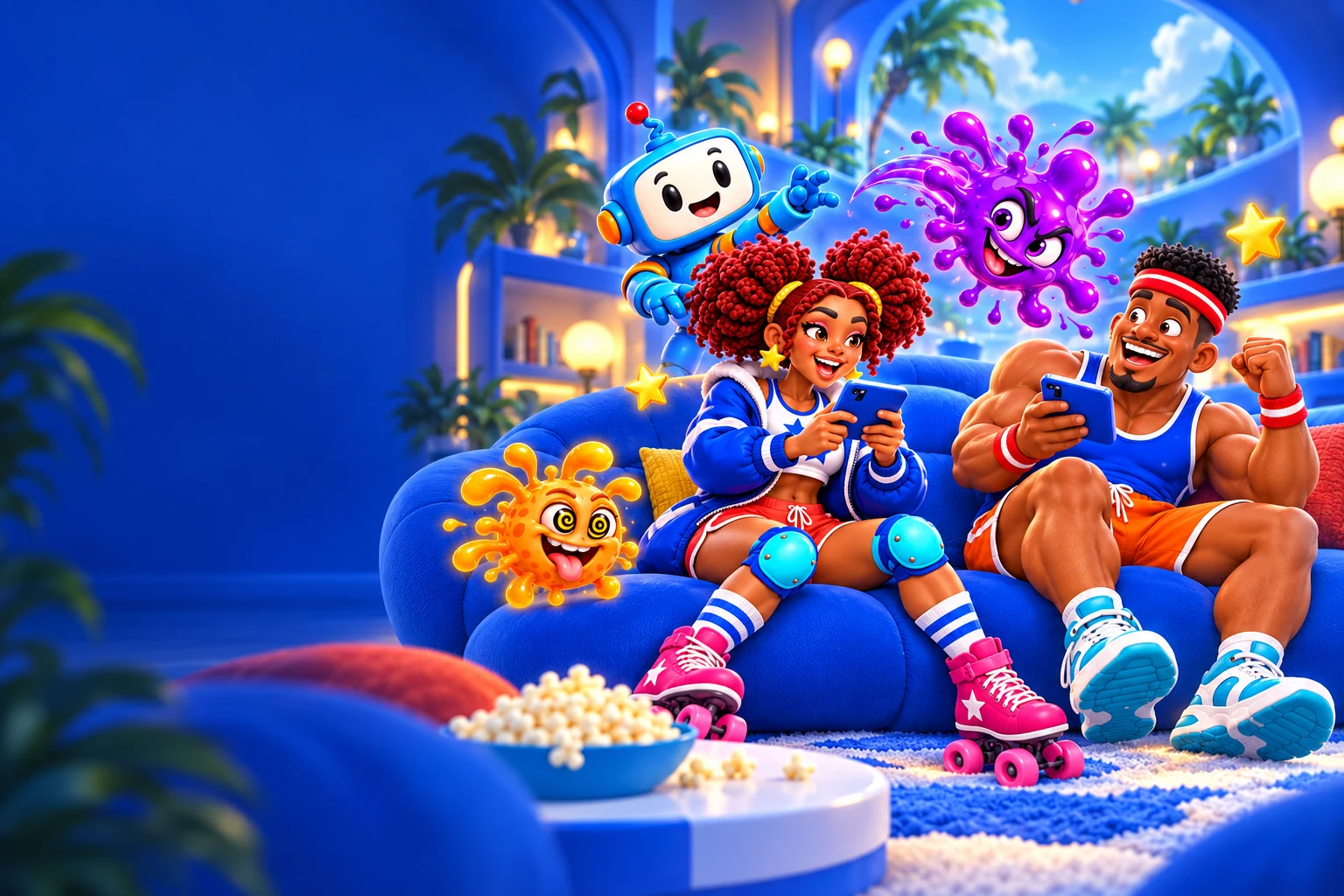 Two friends playing on their phones with a cheerful robot and mischievous cartoon creatures